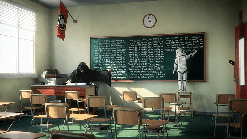 Epic Star Wars themed coding academy with holographic displays and futuristic technology